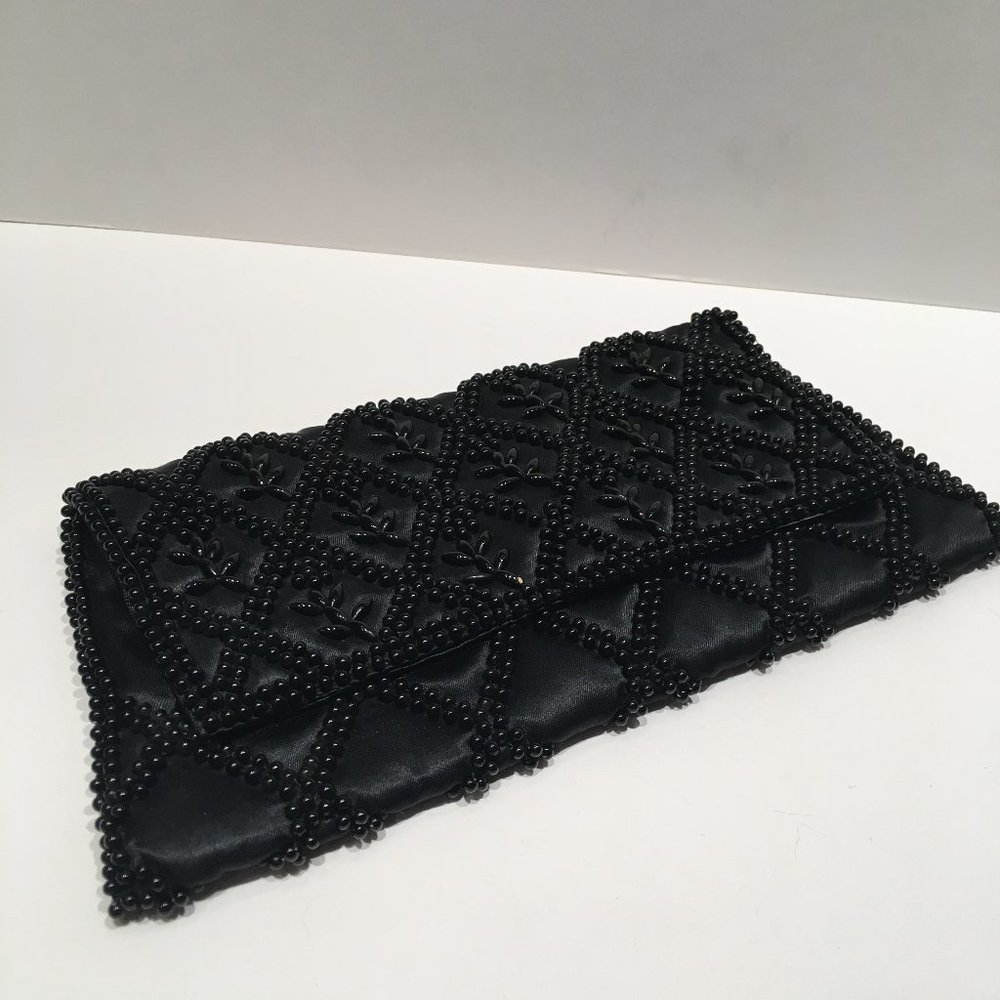 VINTAGE BLACK BEADED CLUTCH MADE IN HONG KONG